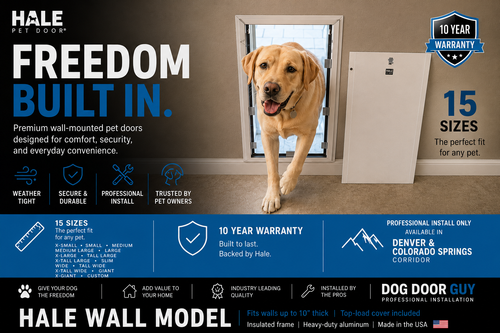 Promotional graphic for the Hale Wall Model pet door, showing a golden retriever walking through an installed white wall-mounted pet door in a home setting. The graphic includes text highlighting 'FREEDOM BUILT IN.