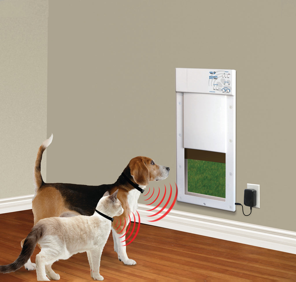 Pet door with a dog and cat standing on either side, with sound waves indicating communication.