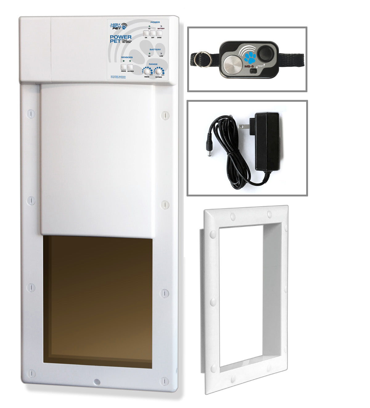 White automatic pet door kit with a main door unit, separate frame insert, control panel, and power adapter, shown on a white background with inset detail views.