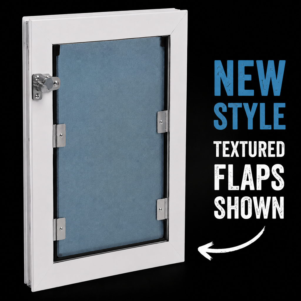 Hale Pet door with textured flaps on a black background