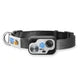 A pet collar with an electronic remote control, featuring a black nylon webbing strap, a silver metal D-ring, and a black and silver remote with a blue paw print logo.