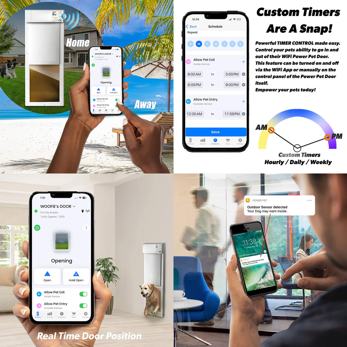 Collage of smartphone screens showing pet door control app with outdoor and indoor scenes.
