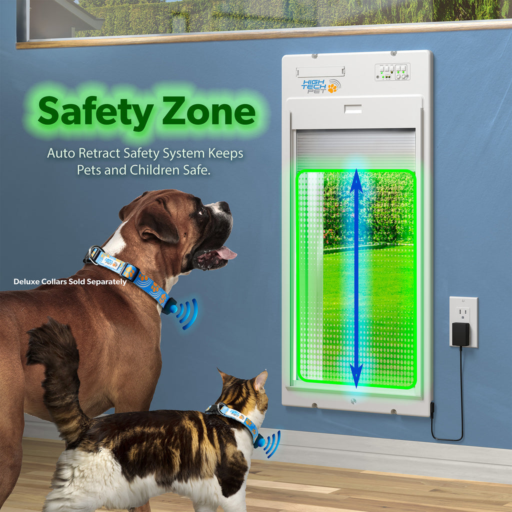 Dog and cat near a safety system labeled 'Safety Zone' on a blue wall.