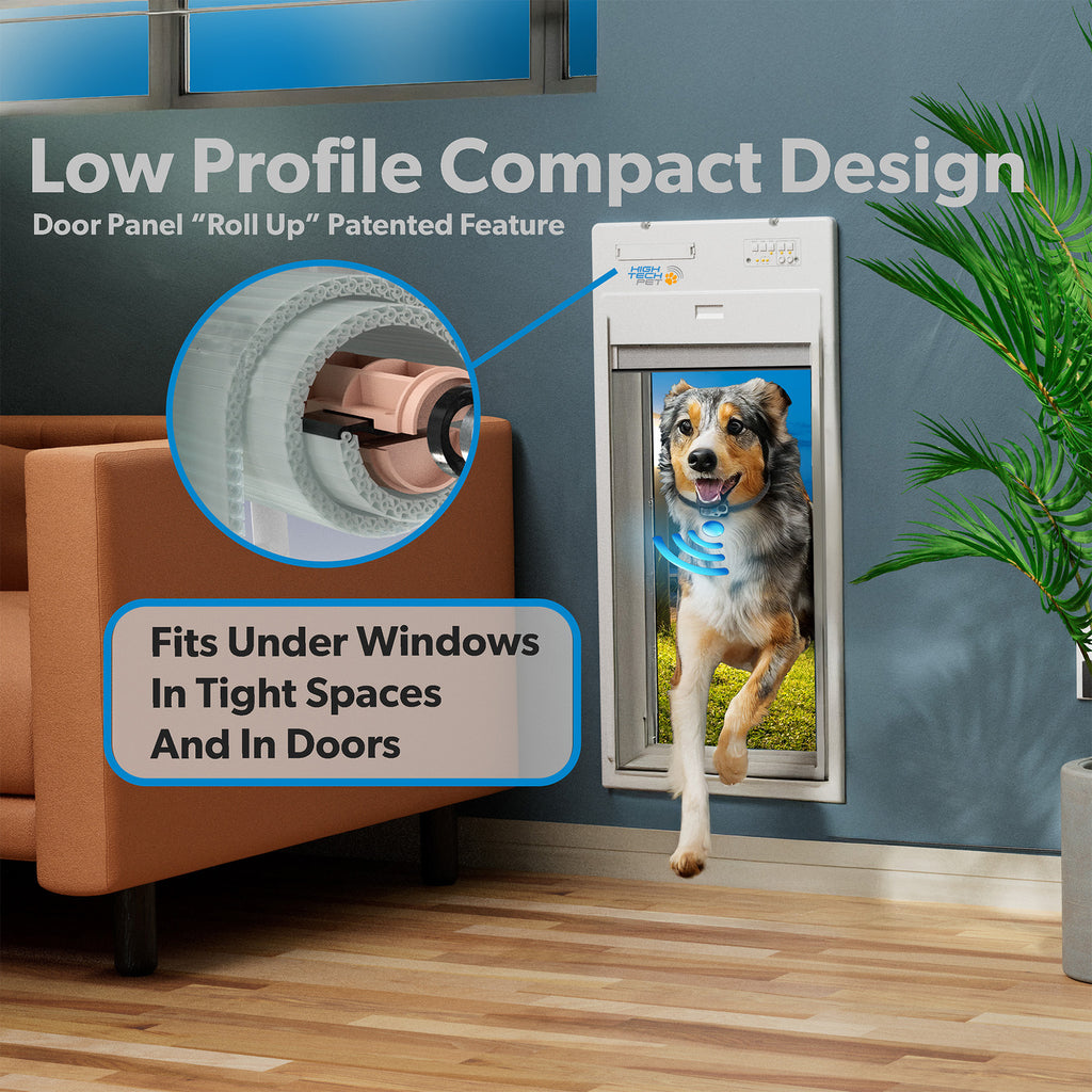 Dog passing through a pet door with text highlighting its low profile compact design and features.