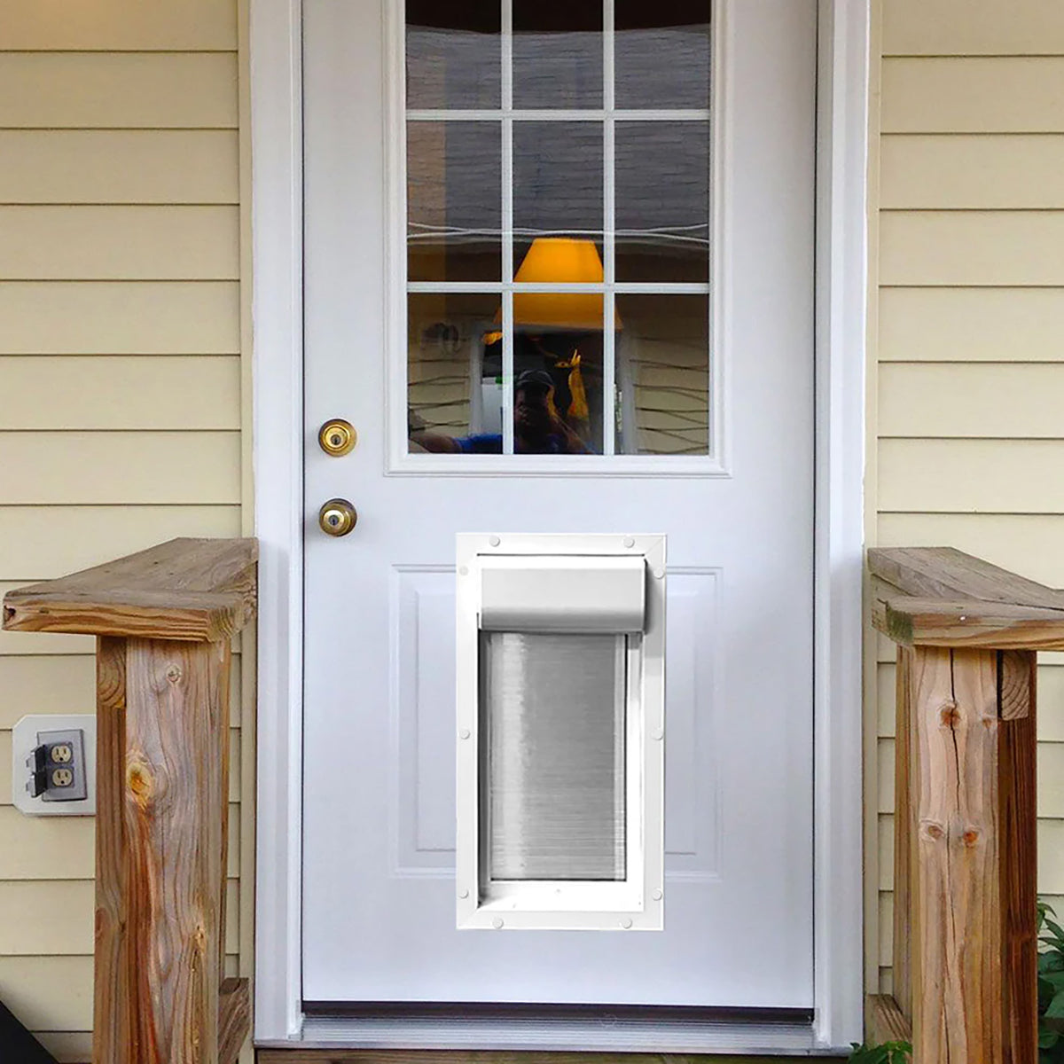 White door with a pet door installed on a house exterior.