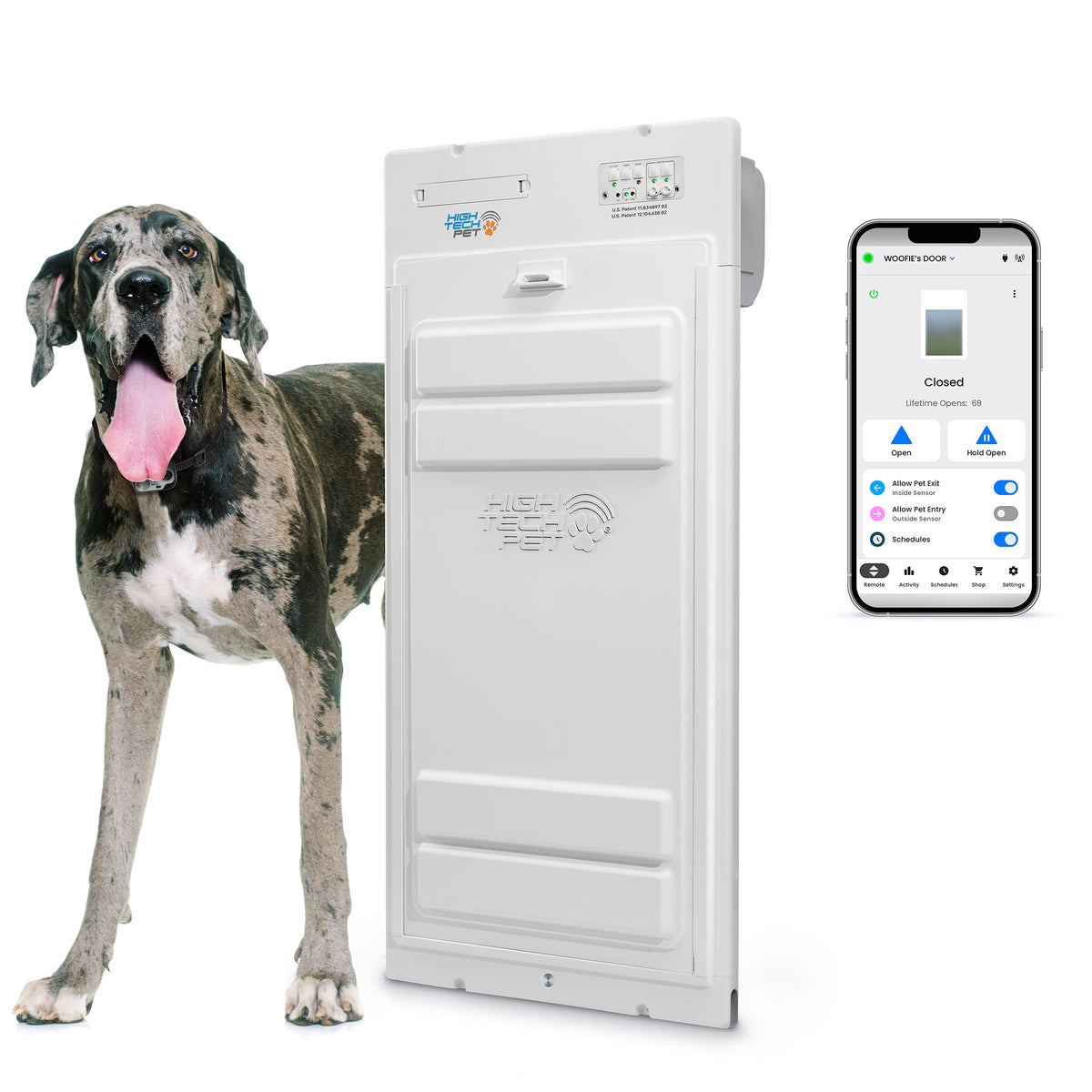 Dog standing next to a pet door with a smartphone displaying app controls on a white background