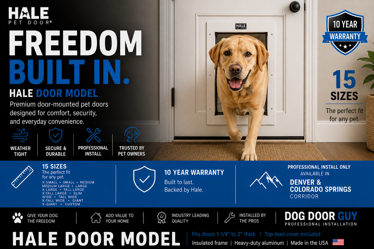 Promotional graphic for the Hale Door Model pet door, featuring a golden retriever walking through the white door with a black frame. The graphic includes text highlighting 'Freedom Built In.