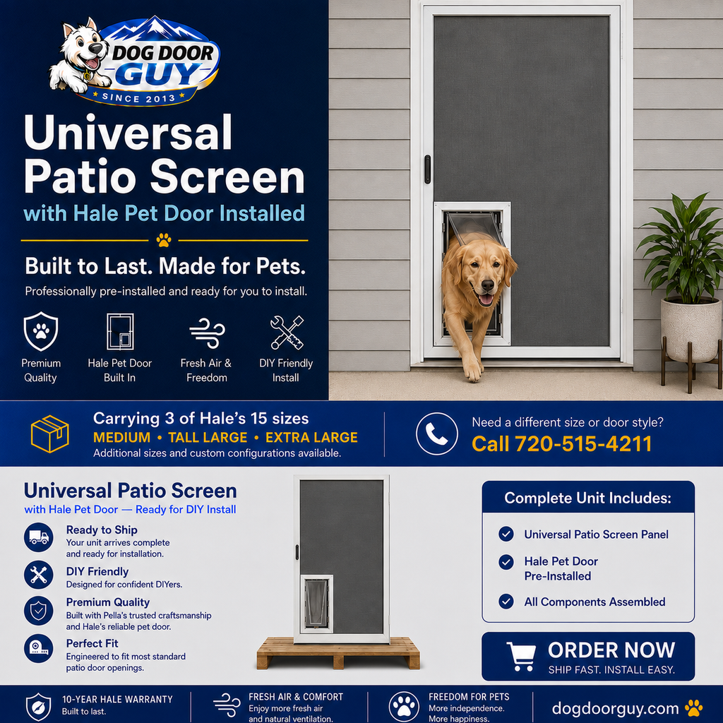 Universal Patio Screen with Hale Pet Door Pre-Installed by Dog Door Guy